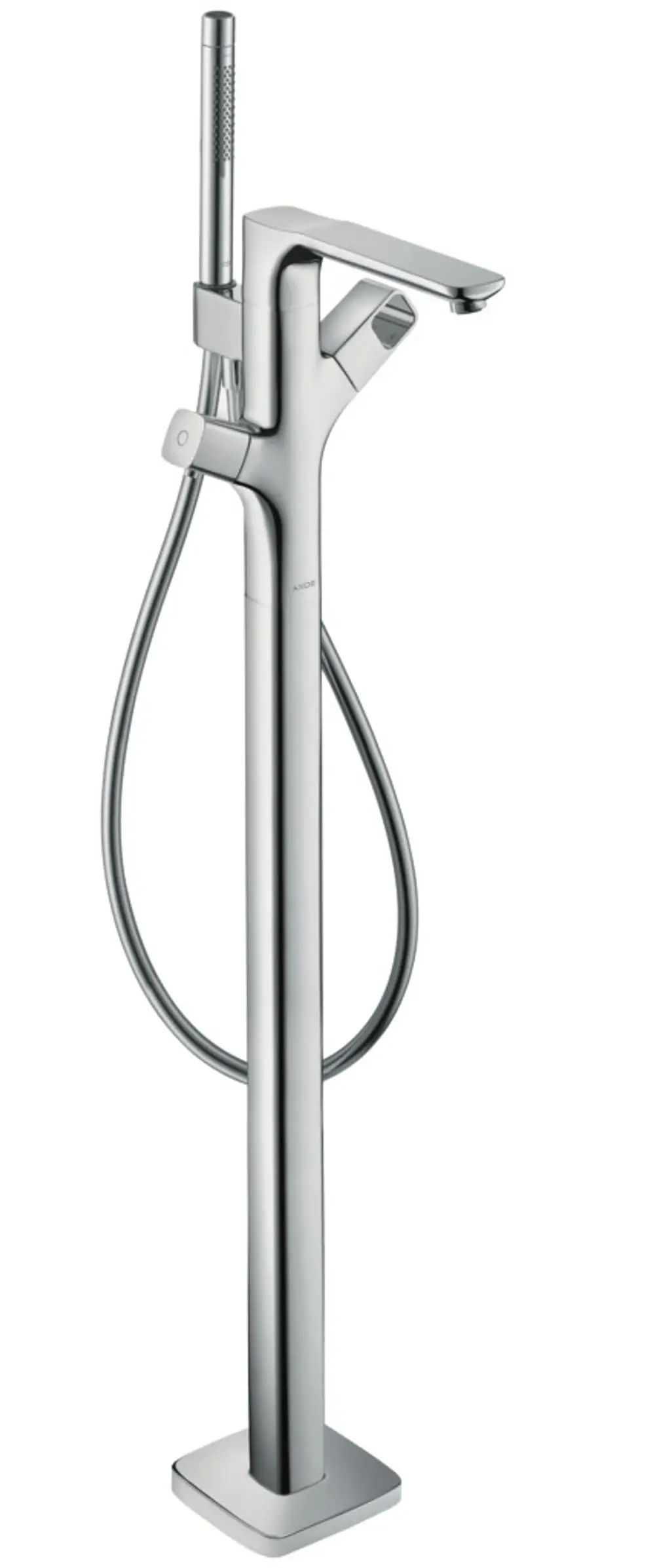 Bodenstehender Thermostat in glänzendem Metall, ausgestattet mit einer Handbrause und einem Hebel. Produkt von AXOR, geeignet für Badezimmeranwendungen.
